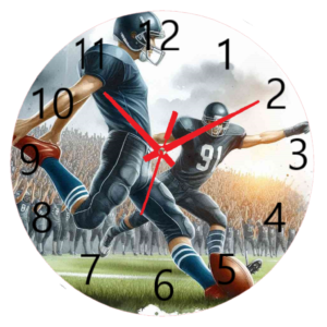 Football Clock with a dynamic design featuring football elements, durable materials, and easy-to-read numbers, perfect for fans and players.