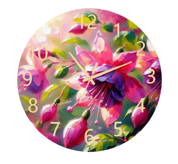 Fuchsia Flower Clock featuring delicate pink and purple fuchsia blossoms with an easy-to-read clock face.