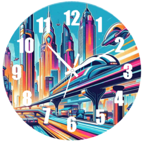 Futuristic City Clock featuring a modern cityscape design with sleek lines and glowing accents, clear clock face, and durable construction, perfect for high-tech, contemporary decor.