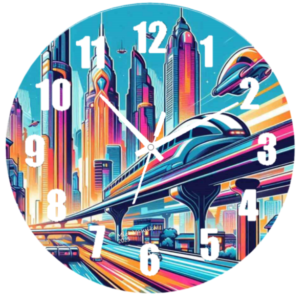 Futuristic City Clock featuring a modern cityscape design with sleek lines and glowing accents, clear clock face, and durable construction, perfect for high-tech, contemporary decor.