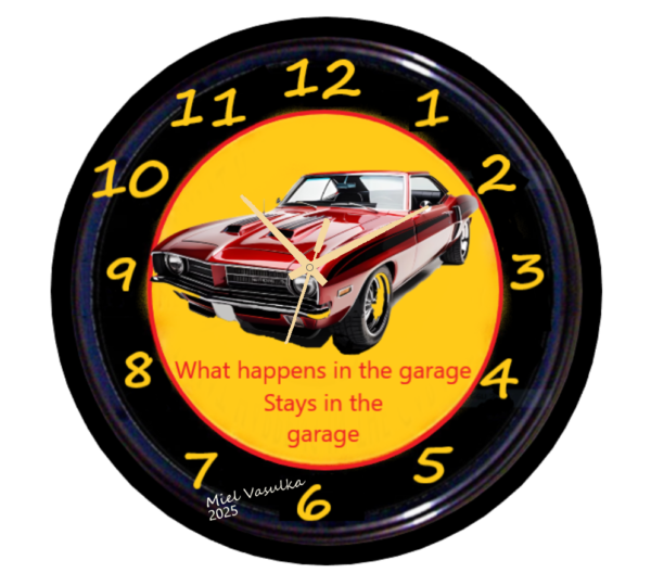 "Durable and stylish garage wall clock with large, easy-to-read numbers and silent quartz movement, designed to complement any garage or workshop decor."