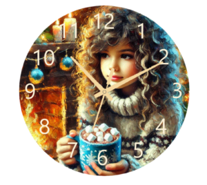 Girl Sipping Cocoa Clock featuring a cozy design of a girl enjoying hot cocoa, with a clear clock face and durable materials, perfect for a warm and inviting atmosphere.