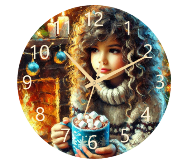 Girl Sipping Cocoa Clock featuring a cozy design of a girl enjoying hot cocoa, with a clear clock face and durable materials, perfect for a warm and inviting atmosphere.