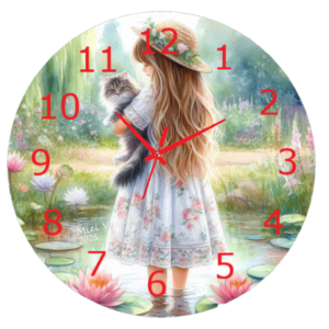 "Illustration of a girl holding a cat, featured on a whimsical clock with a clean, minimalist design."
