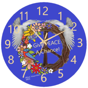"Give Peace a Chance Clock with bold typography featuring the iconic phrase, displayed on a modern, minimalist clock design, symbolizing harmony and unity."