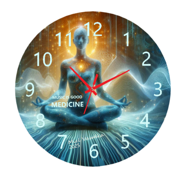 Good Medicine Clock with an inspirational design, featuring vibrant patterns and a silent quartz movement, perfect for home or office décor