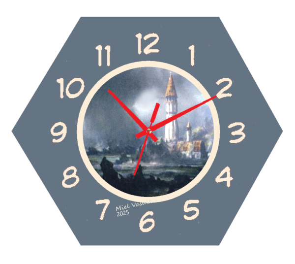 "Close-up of the Goonhammer Clock with a bold, vibrant design and minimalist clock hands, hanging on a wall in a modern gaming setup."