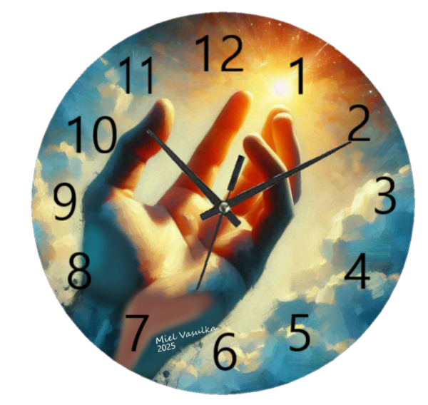 Hand Toward God Clock featuring a symbolic design of a hand reaching upward, with a minimalist clock face and elegant craftsmanship, perfect for home or office decor."