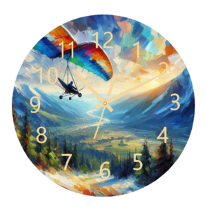 Hang Gliding Clock with a dynamic design featuring hang gliders soaring through the sky, durable materials, and easy-to-read numbers, perfect for adventure enthusiasts.