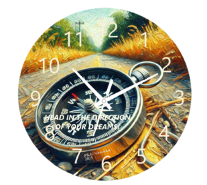 "Motivational wall clock with the quote 'Head in the direction of your dreams' in a modern, sleek design, perfect for home or office decor."