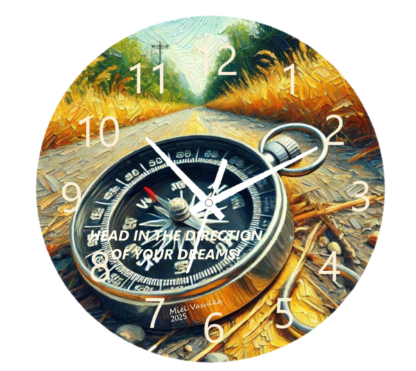 "Motivational wall clock with the quote 'Head in the direction of your dreams' in a modern, sleek design, perfect for home or office decor."