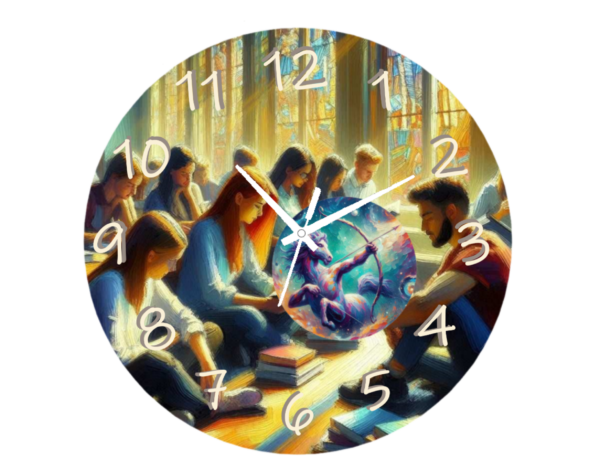 Sagittarius Higher Learning Clock with celestial-inspired design, durable materials, and clear numbers, perfect for spaces dedicated to growth and discovery.