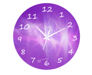 A sleek and modern Higher Self Clock with a minimalist design, featuring a silent quartz movement, displayed on a stylish wall in a cozy and elegant room setting."