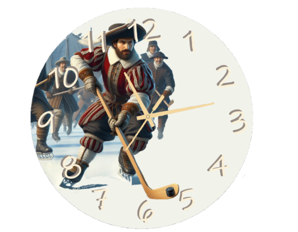 Hockey 1 Clock featuring a dynamic, action-packed design that captures the energy of hockey, with an easy-to-read clock face.