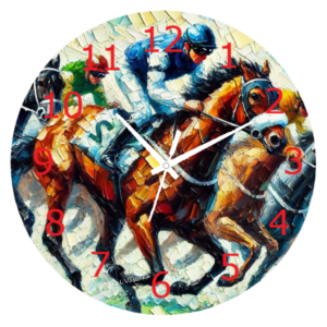 Horse Racing Clock with a dynamic design featuring horses in motion, durable materials, and easy-to-read numbers, ideal for equestrian enthusiasts.