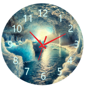 Ice Cave Clock featuring frosty blue and white textures, weather-resistant material, and easy-to-read numbers, perfect for both indoor and outdoor use.