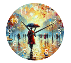 In the Rain Clock featuring a serene design inspired by soft raindrops and moody skies, with a clear clock face and durable construction, perfect for calming and artistic decor.