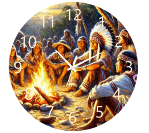 Indigenous Fire Clock featuring a design inspired by traditional fire motifs and earthy tones, with a clear clock face and durable construction, perfect for cultural and artistic decor.
