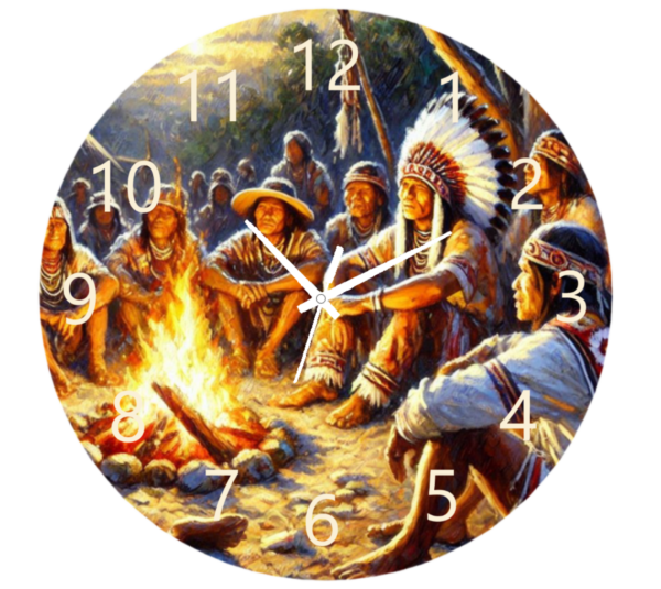 Indigenous Fire Clock featuring a design inspired by traditional fire motifs and earthy tones, with a clear clock face and durable construction, perfect for cultural and artistic decor.