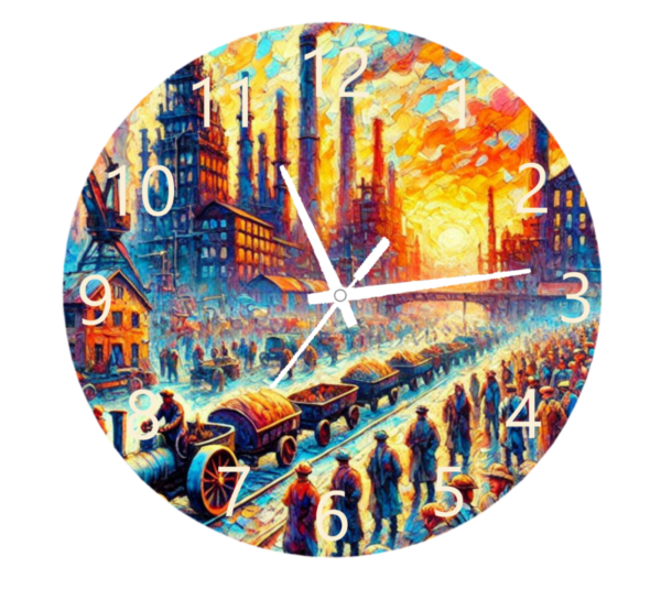 Industrialization Industrialization Clock featuring a design inspired by gears, rivets, and metallic textures, made with durable materials and a bold, clear clock face, perfect for industrial or modern decor themes.