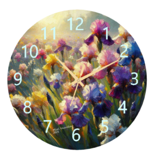 "Irises Clock featuring vibrant iris flowers with an easy-to-read clock face."