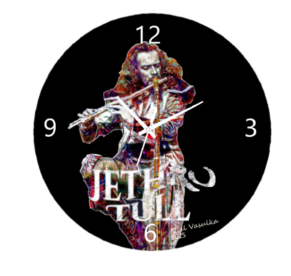 Jethro Tull Concept Clock featuring intricate band-inspired artwork on the clock face, blending music and artistic design, perfect for home or studio décor