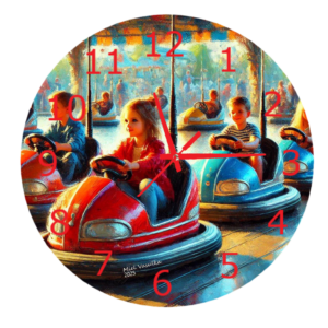 Kids Riding Bumper Cars Clock featuring children enjoying a bumper car ride, filled with bright, fun colors and playful energy, with a clear and functional clock face.