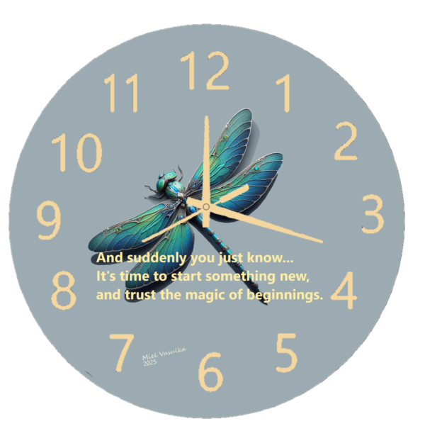 "Magic of Beginnings Clock featuring a sleek, minimalist design with delicate hands and numerals, symbolizing renewal and elegance."