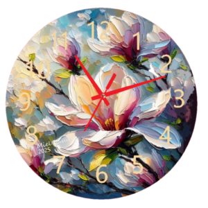 Magnolia Clock featuring delicate white magnolia blossoms on a soft, nature-inspired background, symbolizing grace, purity, and timeless beauty, with a clear and functional clock face.