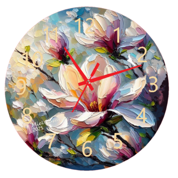 Magnolia Clock featuring delicate white magnolia blossoms on a soft, nature-inspired background, symbolizing grace, purity, and timeless beauty, with a clear and functional clock face.