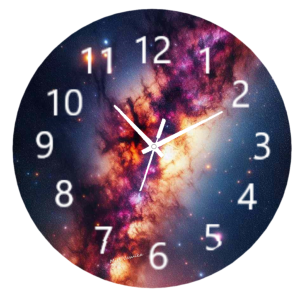 "Milky Way Clock featuring a breathtaking galaxy design with an easy-to-read clock face."