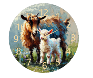 Mom Goat and Kid Clock featuring a mother goat lovingly nuzzling her kid, symbolizing warmth, family, and farm life, with a clear and functional clock face.