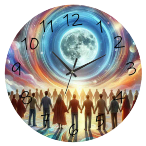 "Moon Solstice Clock featuring a celestial moon design with an easy-to-read clock face."