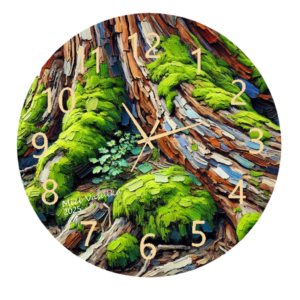 Moss on a Tree Clock featuring lush green moss growing on textured bark, symbolizing tranquility, nature, and organic beauty, with a clear and functional clock face.