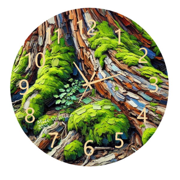 Moss on a Tree Clock featuring lush green moss growing on textured bark, symbolizing tranquility, nature, and organic beauty, with a clear and functional clock face.