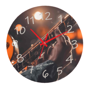 Round wall clock with a musical note design and the quote 'Music Makes Life Noteworthy,' featuring a sleek, modern style and silent quartz movement