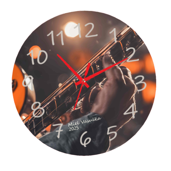 Round wall clock with a musical note design and the quote 'Music Makes Life Noteworthy,' featuring a sleek, modern style and silent quartz movement