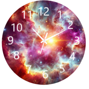 Nebula Clock featuring a colorful cosmic design with an easy-to-read clock face.