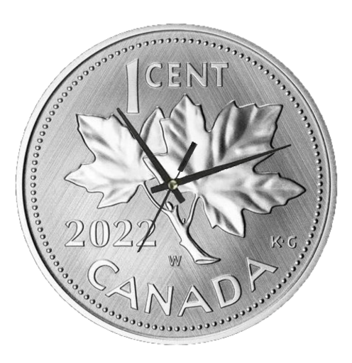 Penny Clock featuring detailed coin textures in warm copper tones, symbolizing history, value, and nostalgia, with a clear and functional clock face.