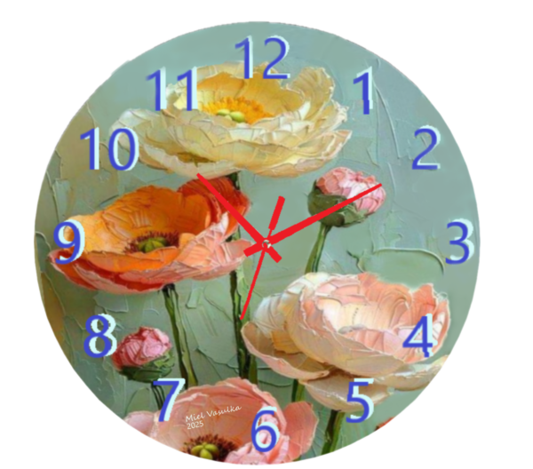 Peonies Clock featuring soft pastel-colored peony flowers with an easy-to-read clock face.