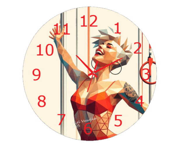 "Pink clock with large, easy-to-read numbers and sleek design, adding a stylish touch to any room."