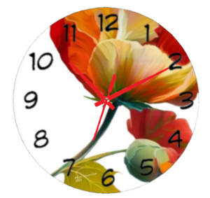 Poppy Clock with vibrant red poppies in bloom, easy-to-read numbers, and weather-resistant material, perfect for both indoor and outdoor use.