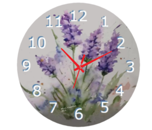 Purple Lavender Clock with vibrant purple lavender flowers, weather-resistant material, and easy-to-read numbers, perfect for both indoor and outdoor use.