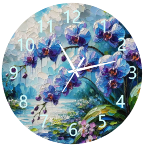 Purple Orchids Clock featuring delicate orchid blooms in soft purple hues, symbolizing elegance, tranquility, and beauty, with a clear and functional clock face.