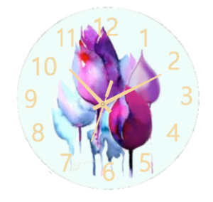 Purple Tulips Clock with vibrant purple flowers and easy-to-read numbers, made with weather-resistant material for indoor and outdoor use.