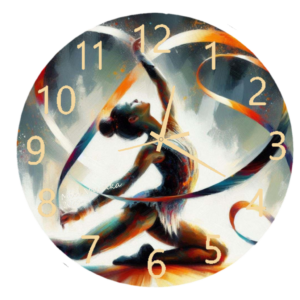 Ribbon Gymnastics Clock featuring a gymnast with a swirling ribbon, symbolizing grace, strength, and fluid motion, with a clear and functional clock face.