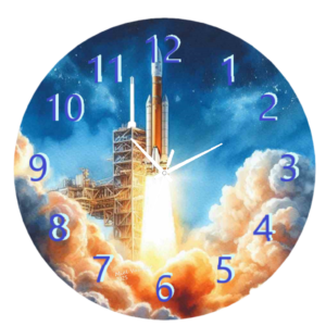 Rocket Launch Clock featuring a bold design of a rocket blasting off, with durable materials and an easy-to-read display, perfect for space and science-themed decor.