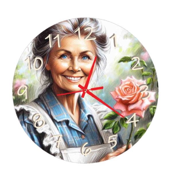 Rosebush Clock featuring a design of blooming roses, perfect for romantic and nature-inspired decor, with a clear clock face and durable construction.