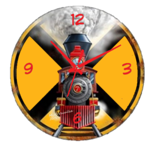 "Rusty Train Signage Clock with a distressed, vintage design resembling an old-fashioned train station sign, featuring a weathered finish and bold hour markers, perfect for rustic and industrial home decor." "Rusty Train Signage Clock with a distressed, vintage design resembling an old-fashioned train station sign, featuring a weathered finish and bold hour markers, perfect for rustic and industrial home decor."