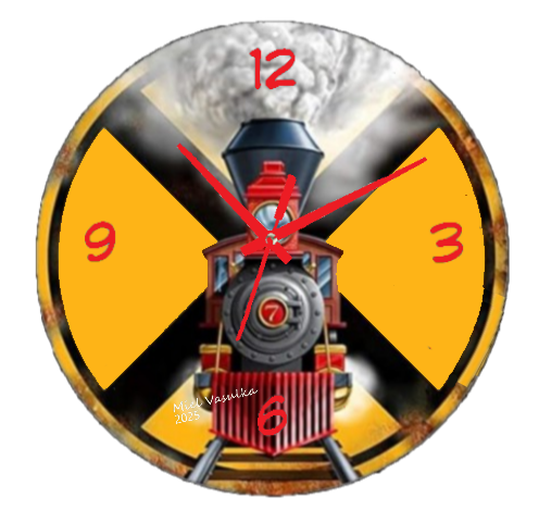 "Rusty Train Signage Clock with a distressed, vintage design resembling an old-fashioned train station sign, featuring a weathered finish and bold hour markers, perfect for rustic and industrial home decor." "Rusty Train Signage Clock with a distressed, vintage design resembling an old-fashioned train station sign, featuring a weathered finish and bold hour markers, perfect for rustic and industrial home decor."